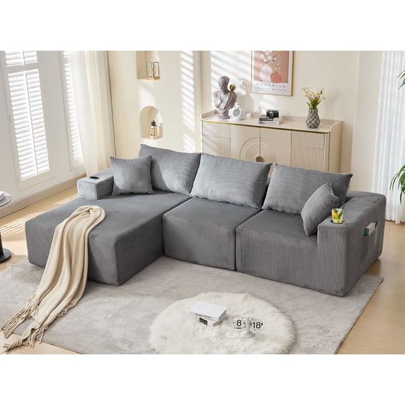 107" Modular L-Shaped Sectional Sofa, Corduroy Cloud Couch Compression Boneless Sofas w/ 5 Throw Pillows for Living Room , No Assembly Required(Left-Facing Chaise, Dark Grey)