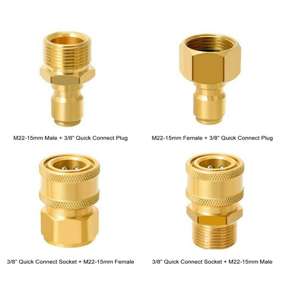 Connect Pressure Washer Quick Connect Kit, 4 PCS M22 15mm To 3/8 Inch Hose Quick Connect Fitting Coupler, Brass Pressure Washer Adapters For Power Washer Gun, Hose, Pump