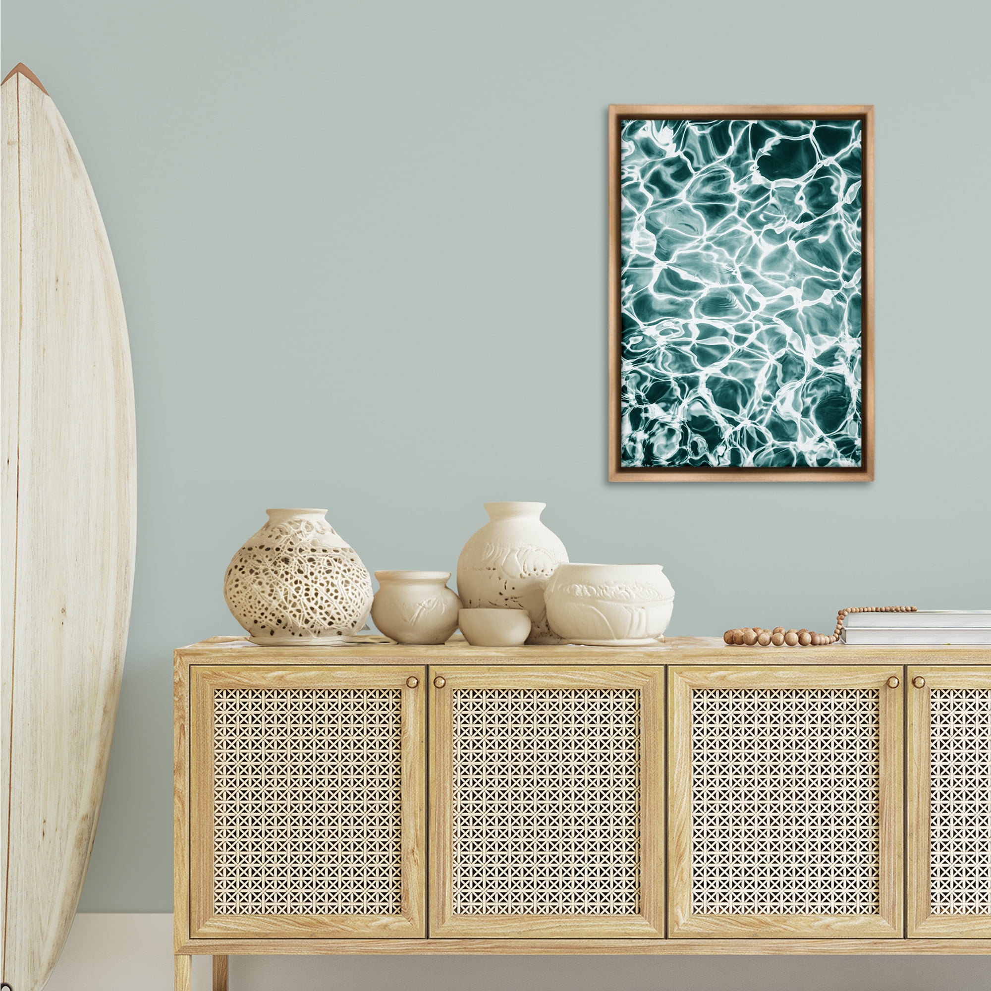 Stupell Industries Aqua Ripple Pattern Coastal Painting Brown Floater Framed Canvas Art Print Wall Art, 21 x 31