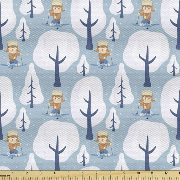 Ambesonne Ski Pattern Fabric by the Yard Upholstery, Cartoon Skiing Boy Snow, 2 Yards, Blue Grey Amber and White