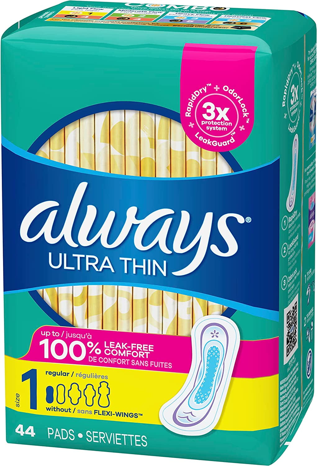 Always Ultra Thin Pads for Women, Size 1 Regular Absorbency Without Wings Unscented, 44 Count x 3 Packs (132 Count total)