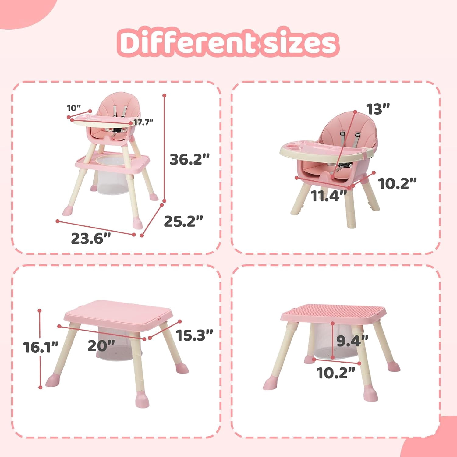 Zimtown Baby High Chair, 6 in 1 Convertible High Chairs for Babies and Toddlers, Portable Feeding Chair with 5-Point Safety Harness, Adjustable Dining Tray, Pink