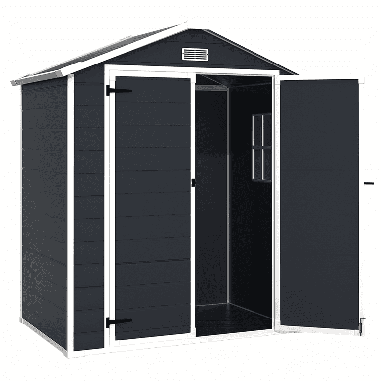 4x8 Lean-To Resin Storage Shed With Floor - Outdoor Garden Shed With 2 Windows, Black/Grey