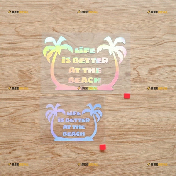 Life is Better at The Beach Palm Trees Hawaii Life Sticker Decal Vinyl - 2 Pack Holographic Iridescent, 4 Inches, 6 Inches - No Background Die Cut for Car Boat Laptop