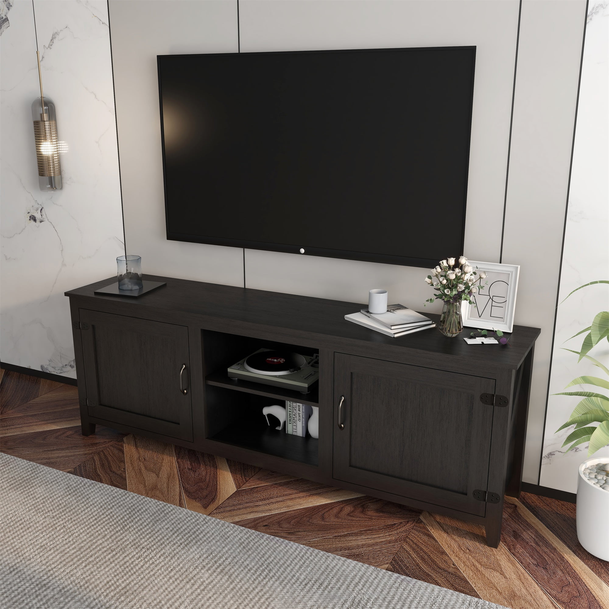 Kadyn TV Stand, Storage Media Console Entertainment Center with Doors, TV Cabinet for TVs up to 77", Black