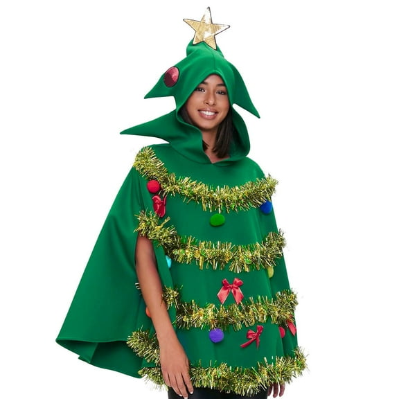 shqvo Christmas Women Hooded 3D Tree Performance Cape Top for Themed Parties and Festive Celebrations