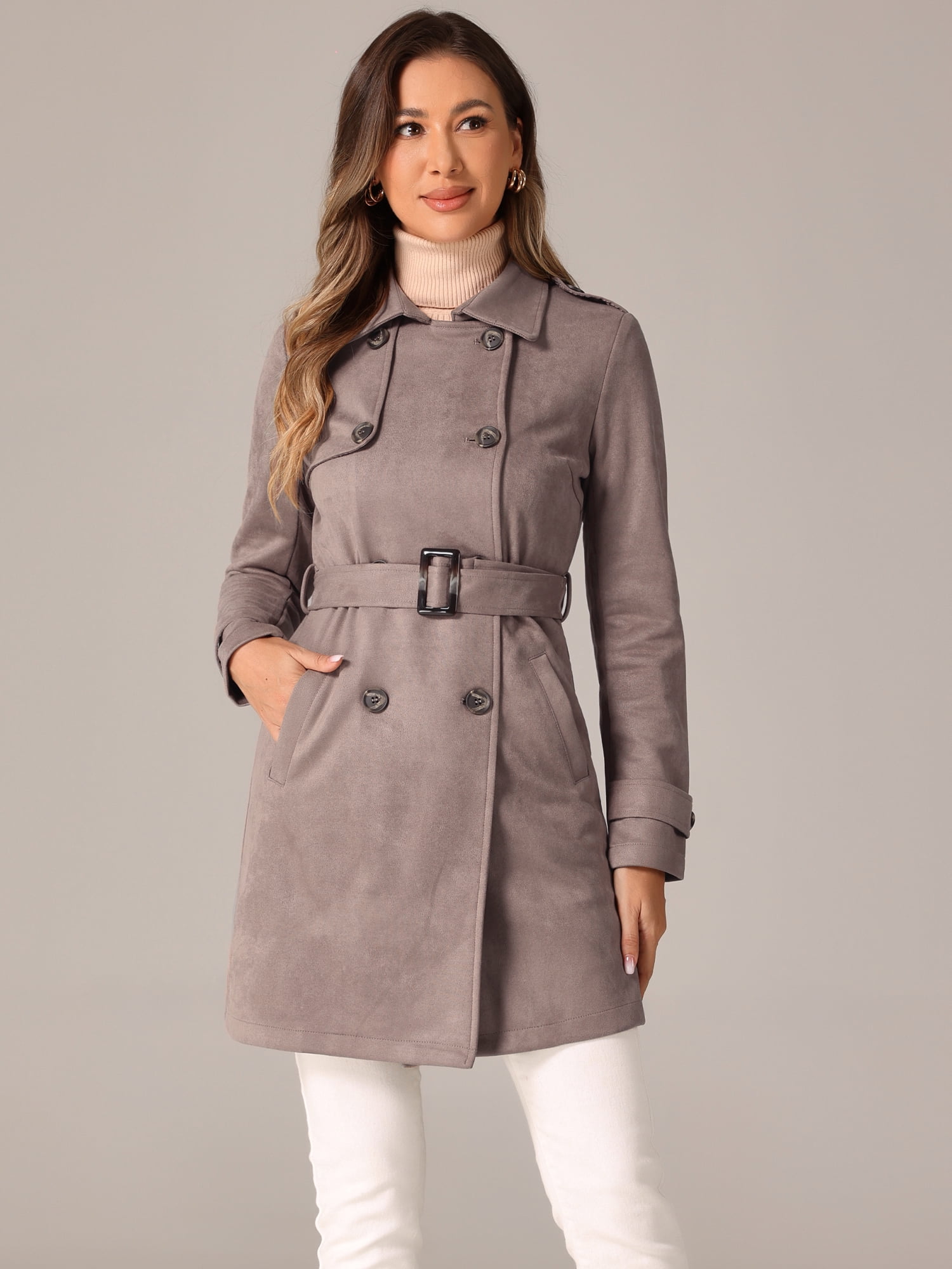DARING DIVA Faux Suede Trench Coat Notched Lapel Double Breasted Jacket XL Dark Beige
