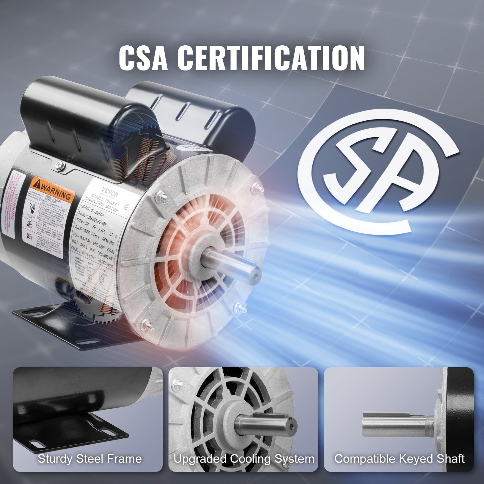 BENTISM 2HP SPL Air Compressor Electric Motor, 115/230V, 15/7.5Amps, 56 Frame 3450RPM, 5/8" Keyed Shaft, CW/CCW Rotation, 1.88" Shaft Length for Air Compressors Has Obtained CSA Certification