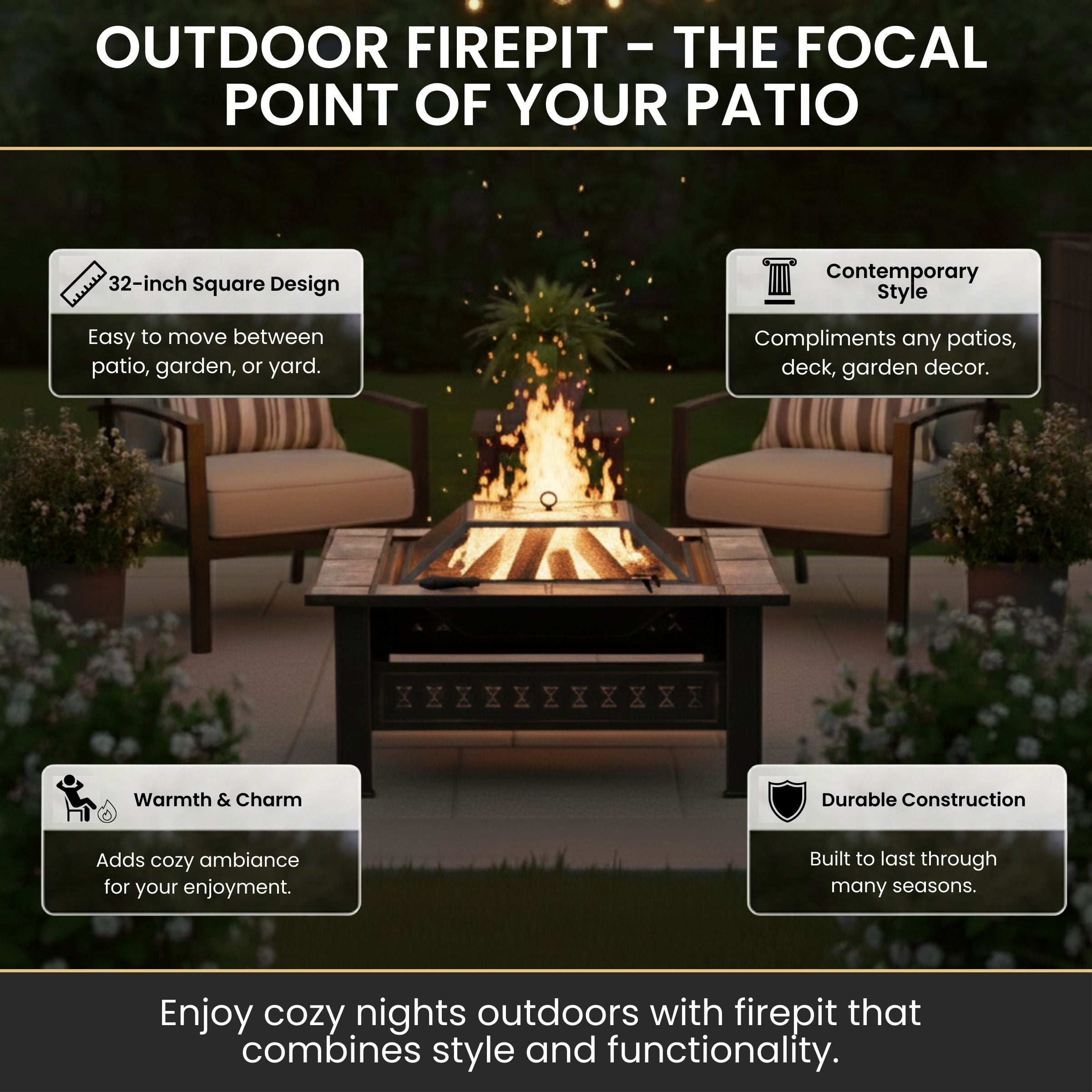 Pure Garden 32-Inch Outdoor Steel Fire Pit with Screen, Cover, and Poker (Bronze)