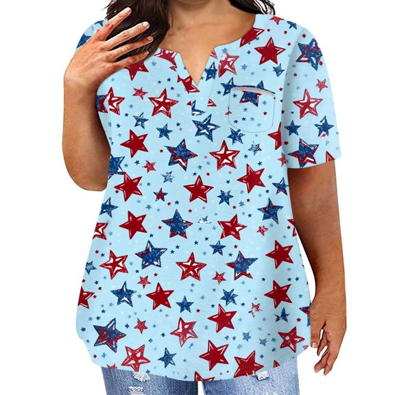 XADYUY Plus Size 4th Of July Tshirts for Women American Stars Graphic Patriotic Tunic Tops Trendy V-Neck Short Sleeve Tshirt Party Independent Day Tunic Tops,Sky Blue 4XL