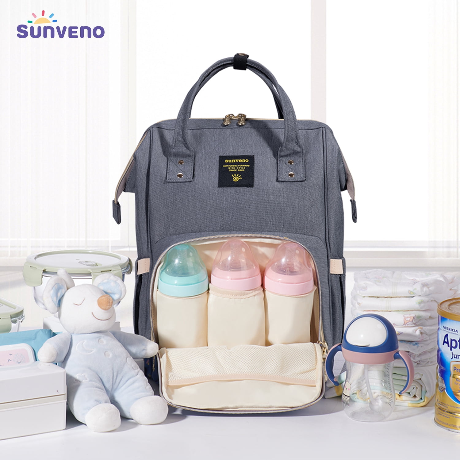 Sunveno Classic Diaper Bag Backpack Large Capacity Travel Backpack with USB Charge Port , Gray