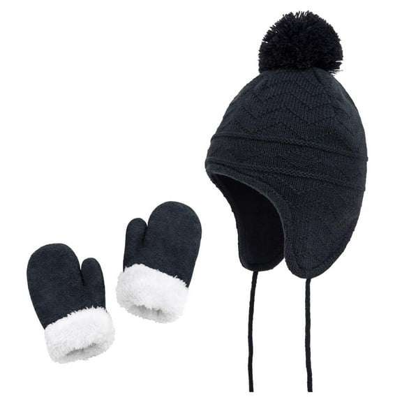 LQCrafK Hats and Gloves Set for Kids Winter Knit Earflap Beanie Warm Mitten Fleece Cap