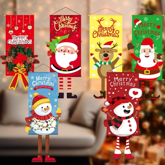 6 PCS Welcome Merry Christmas Party Decor Porch Sign Front Door Hanging Banners Flags, Twill Fabric Wall Decoration