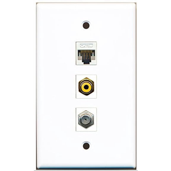 RiteAV - 1 Port RCA Yellow and 1 Port Coax Cable TV- F-Type and 1 Port Cat5e Ethernet White Wall Plate