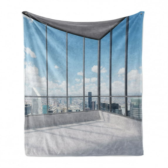 Modern Soft Flannel Fleece Blanket, Cityscape Office with Big Windows Clear Sunny Sky View Photograph Print, Cozy Plush for Indoor and Outdoor Use, 70" x 90", Sky Blue Grey and White, by Ambesonne