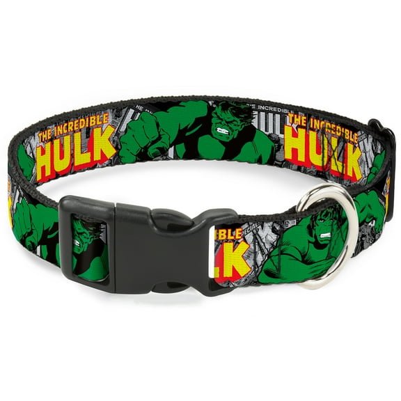 Marvel Comics Pet Collar, Dog Collar Plastic Buckle, The Incredible Hulk Action Poses Stacked Comics, 7 to 8.5 Inches 0.5 Inch Wide