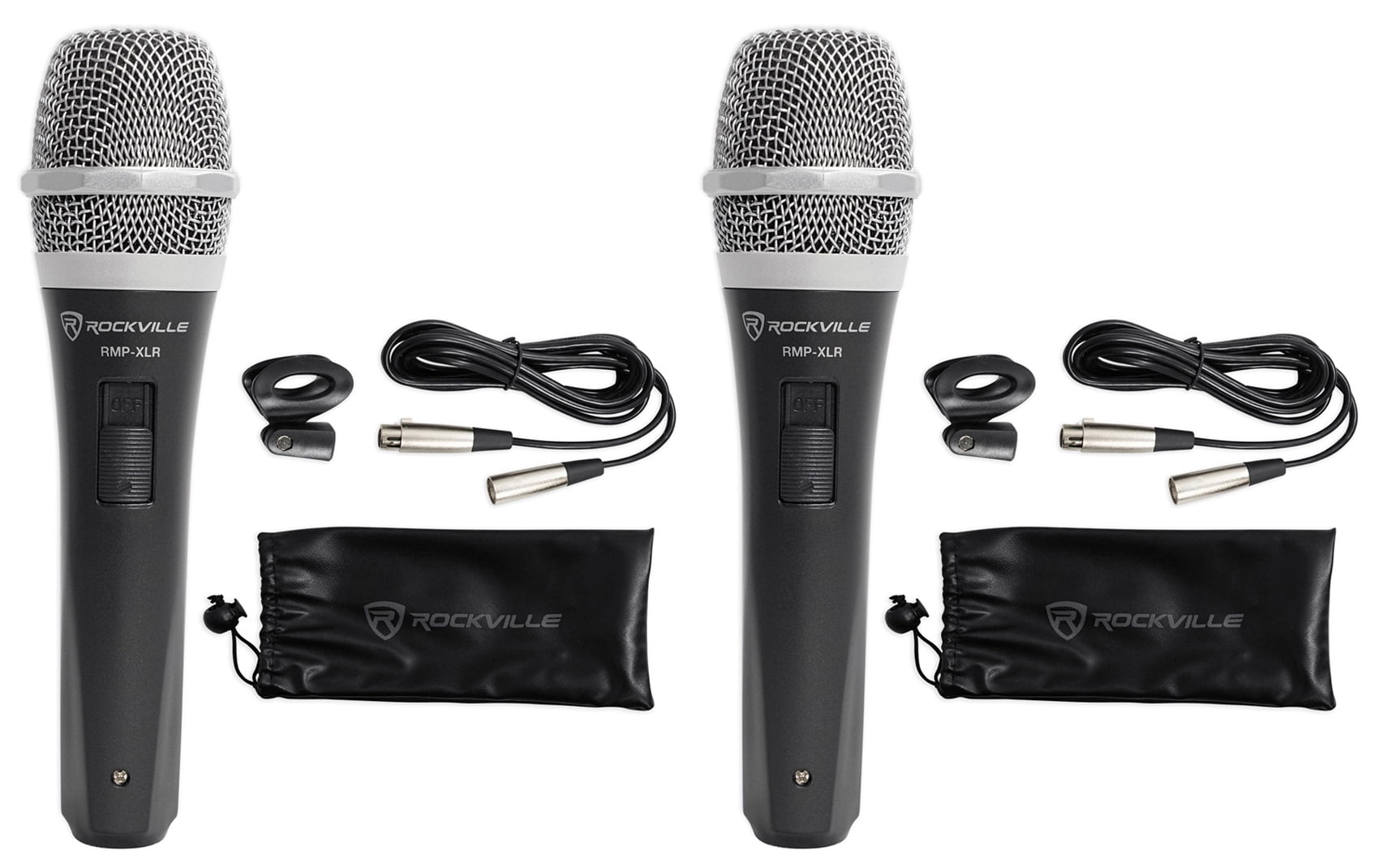 2 Rockville RMP-XLR Dynamic Cardioid Pro Microphones + 10' XLR Cables+2 Clips