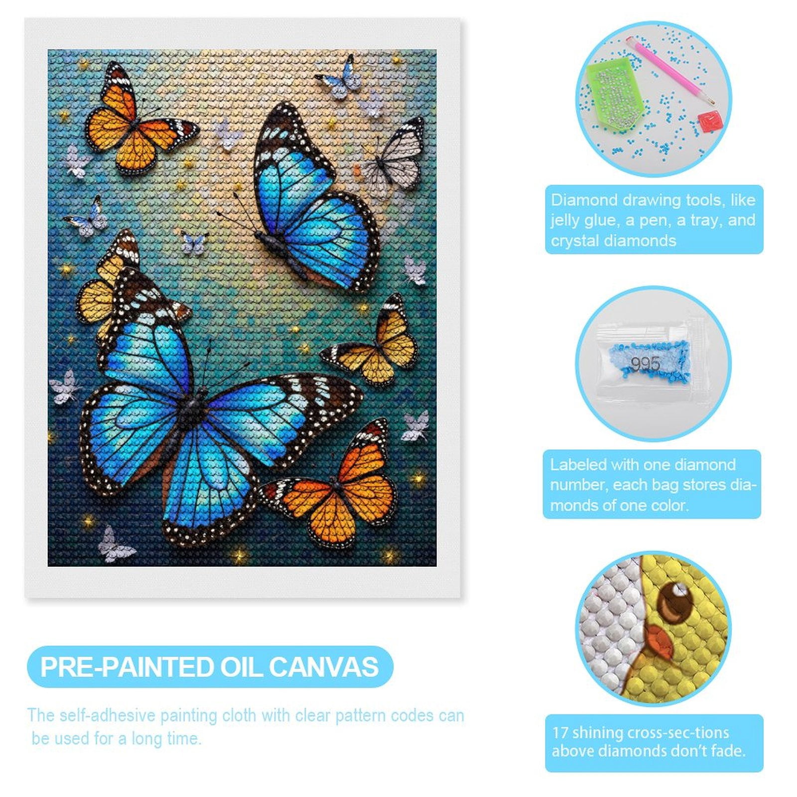 Diamond Art Kits for Adults, Butterflies Mosaic Art Wings Bright 5D Diamond Painting Kits for Adults Beginners, DIY Full Drill Diamond Painting, Gem Art and Crafts 12x16