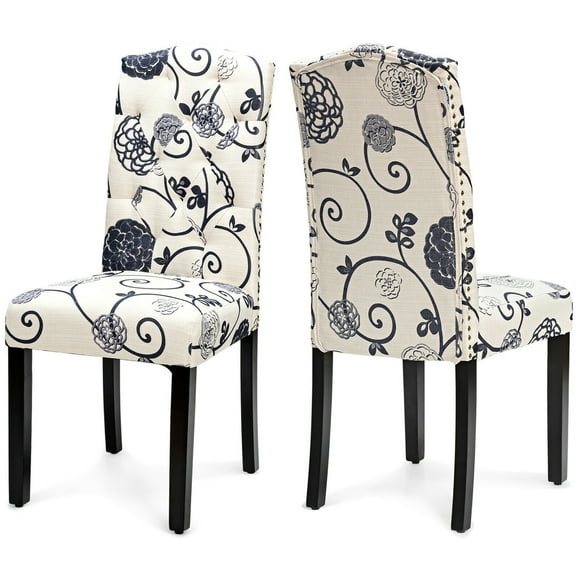 Gymax Set of 2 Tufted Dining Chair Upholstered Nailhead Trim Rubber Wooden Leg