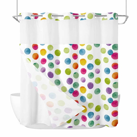 No Hook Polka Dots Shower Curtain with Snap in Liner Set, Children's Day Colorful Watercolor Abstract Waterproof Bathroom Curtains with See Through Top Window, Hotel Style Standard 72 x 72 Inch