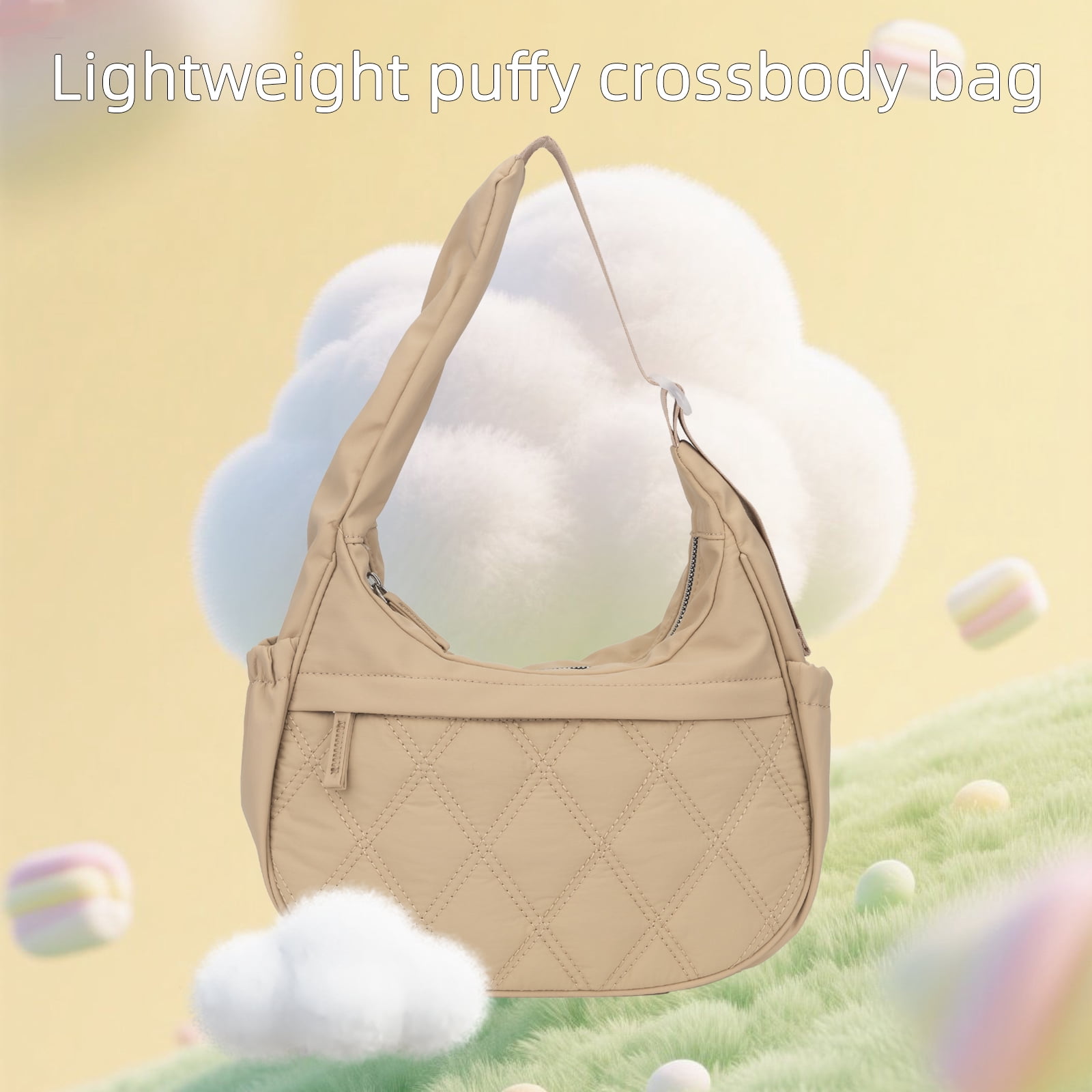 JANKS Small Puffer Crescent Shoulder Bag for Women, Nylon Quilted Puffy Crossbody Purse, Cute Hobo Shoulder Handbags （Khaki)