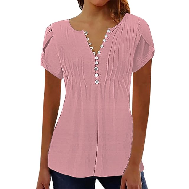 New & Trending Uooqdmx Henley Shirts for Women, Ruffled Blouses for Women, Vacation Outfits for Women, Short Sleeve 2025 Spring Casual Tunic Tops, Summer Shirts for Women, Pink XXL