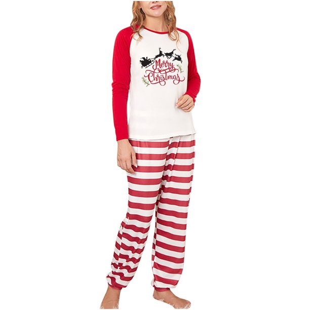 Traje de Navidad cálido para padres e hijos Costura a rayas Ropa para el hogar Pijamas Pantalones de manga larga Conjunto de dos piezas (mamá) Fridja nalpqowj26525