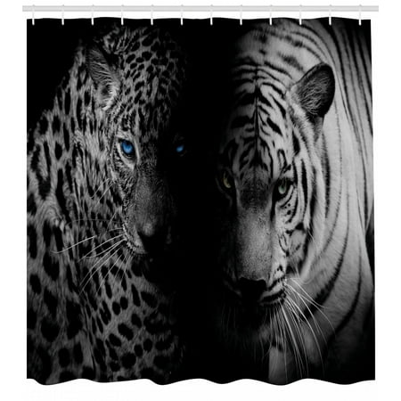 Leopard Print Bathroom Sets Black and White Shower Curtain, Leopards with Blue Eyes Aggressive Powerful Wildcat Profile Print, Fabric Bathroom Set with Hooks, Black White Blue, by Ambesonne ()