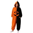 thumbnail image 2 of Halloween Colorblock Pumpkin Onesie, Zip-Up Hooded Flannel Jumpsuit with Jack-O-Lantern Face (1 PC) Multicolor L, 2 of 5