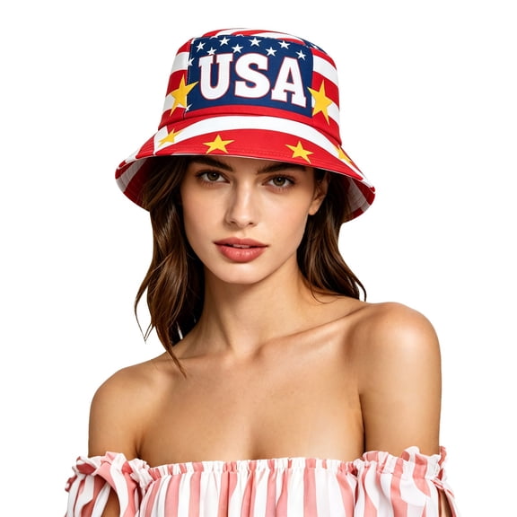 XIAOCHA Women's Bold Printed Bucket Hat , Wide Brim Holiday Independence Day Parade Headcover,Red
