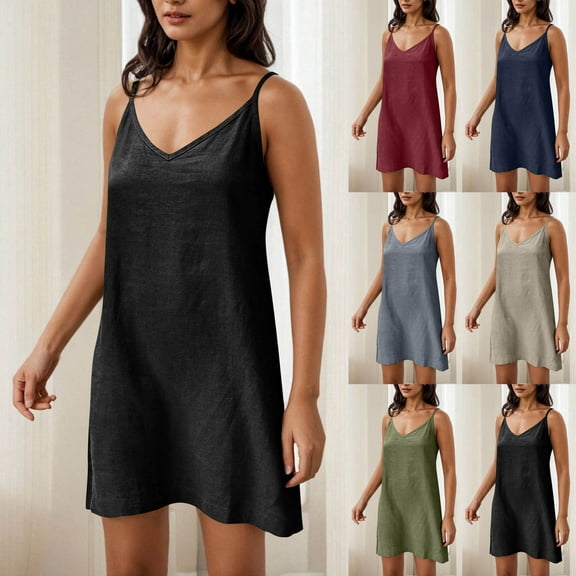 Antinious Women Camis Sleeveless V-Neck Solid Suspenders Comfortable Mini Dress