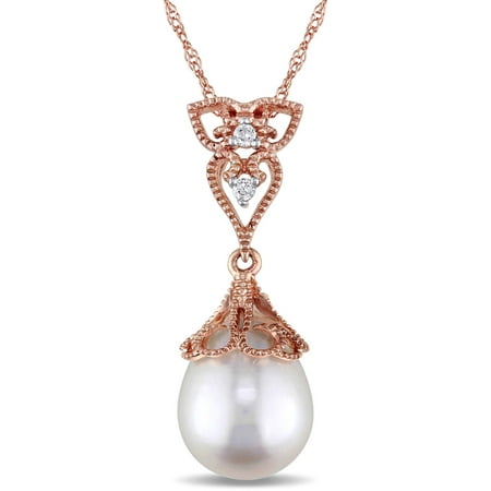 Miabella 9-9.5mm White Cultured Freshwater Pearl and Diamond-Accent 14kt Rose Gold Vintage Drop Pendant, 17