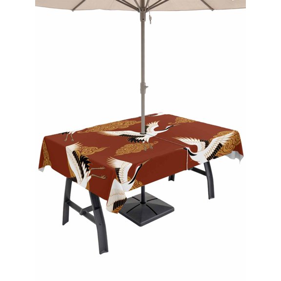 Outdoor Tablecloth with Umbrella Hole for Patio/Picnic/Party/Camping, White Crane Waterproof Table Cloth Rectangle Table Cover Washable, Vintage Chinese Auspicious Cloud Animal Art Red (60"x 120")