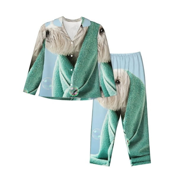 Fotbe Dog Wrapped in Towel Conjunto de Pijama de Manga Larga para Mujer con Estampado, Ropa de Dormir de 2 Piezas, Conjunto de Casa Suave y Cómodo con Bolsillos-X-Large