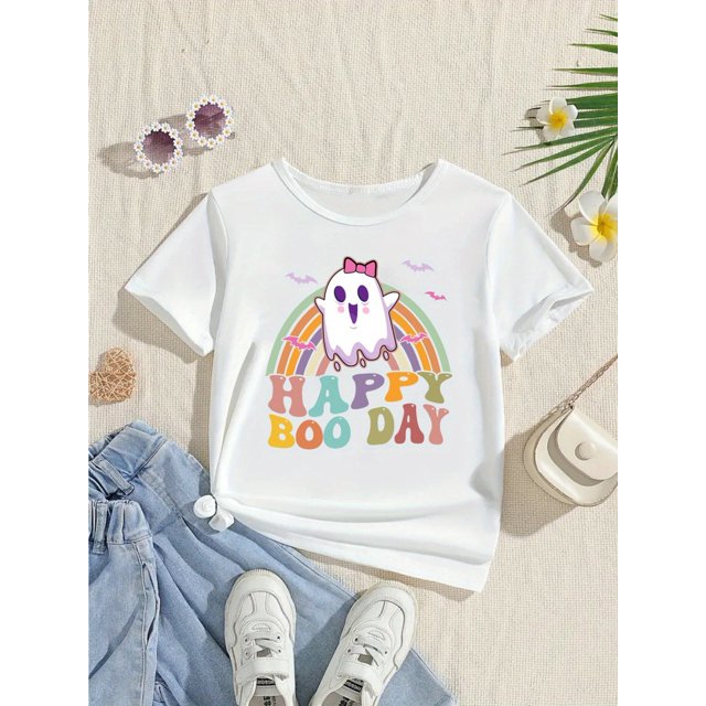 Halloween T-shirt - Girls' Happy Boo Day Halloween Shirt - Cute & Rainbow Graphic Short Sleeve Top with Bats & Spooky Lettering - Soft Round Neck Knit Playwear for Toddler & Kids Party Ou