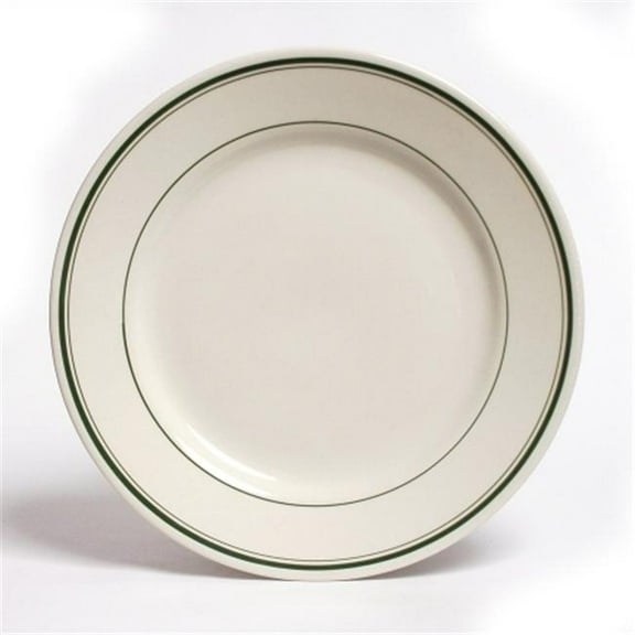 Tuxton China TGB-021 Green Bay 12 in. Wide Rim Rolled Edge China Plate - American White with Green Band - 1 Dozen