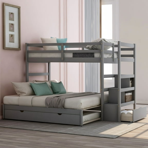 Gray Twin over Twin/King Bunk Bed with Twin Size Trundle