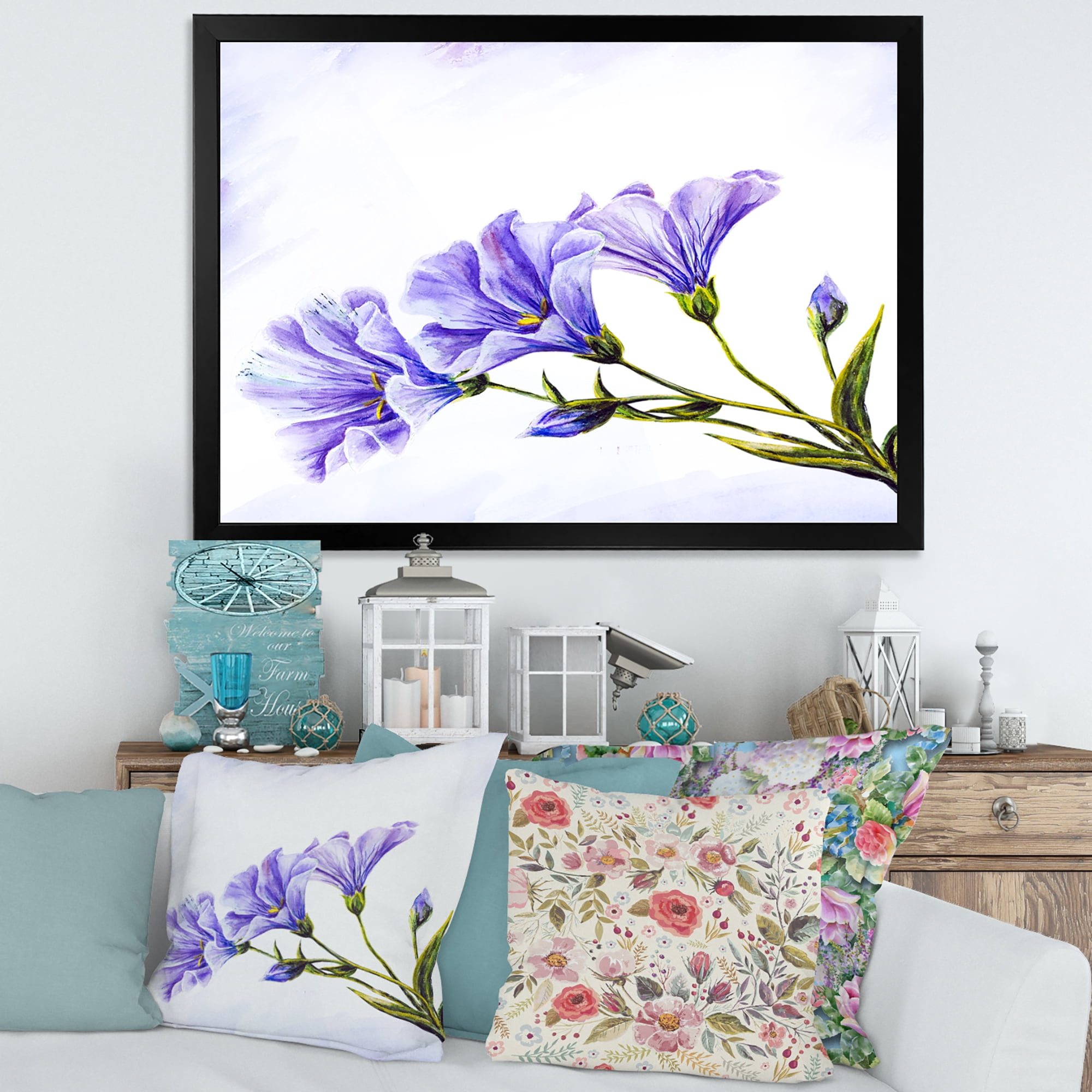 Designart 'Blue Wildflowers With Leaves II' Traditional Framed Art Print