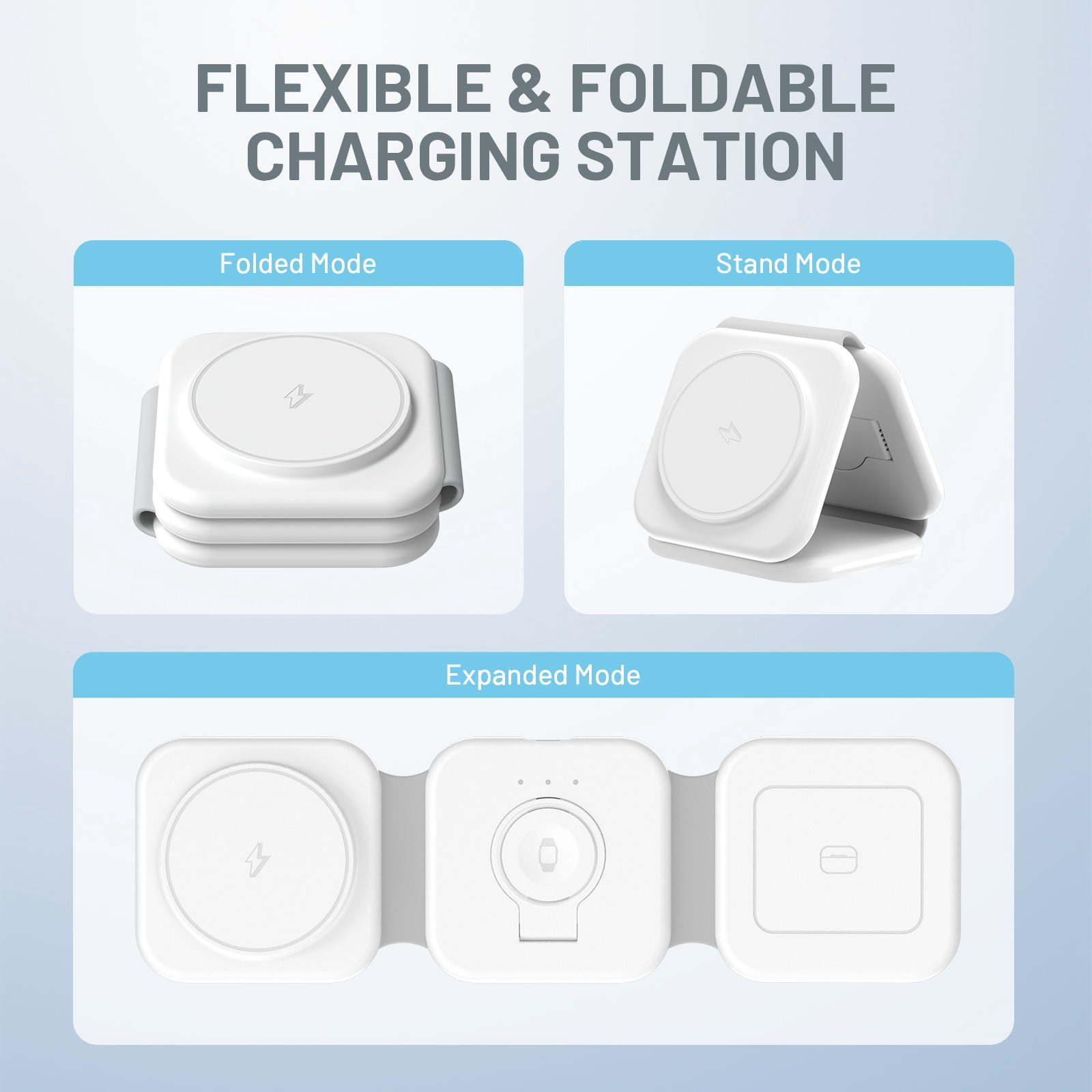 Wireless Charger, Charging Station for iphone 16 15 14 13 12 11, 15W Fodable Charging Pad for iWatch 10 9 8 7 6 5 4 3, 3 in 1 Magnetic Charger for AirPods 4 3 2, White