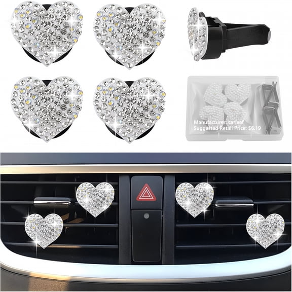LADYGYM 4PCS Heart Shaped Car Vent Clips with Rhinestone, Bling Air Vent Clips Car Decorations, Premium Shiny Car Clips for Vents, Car Accessories Interior for Cars, Trucks, SUVs (White)