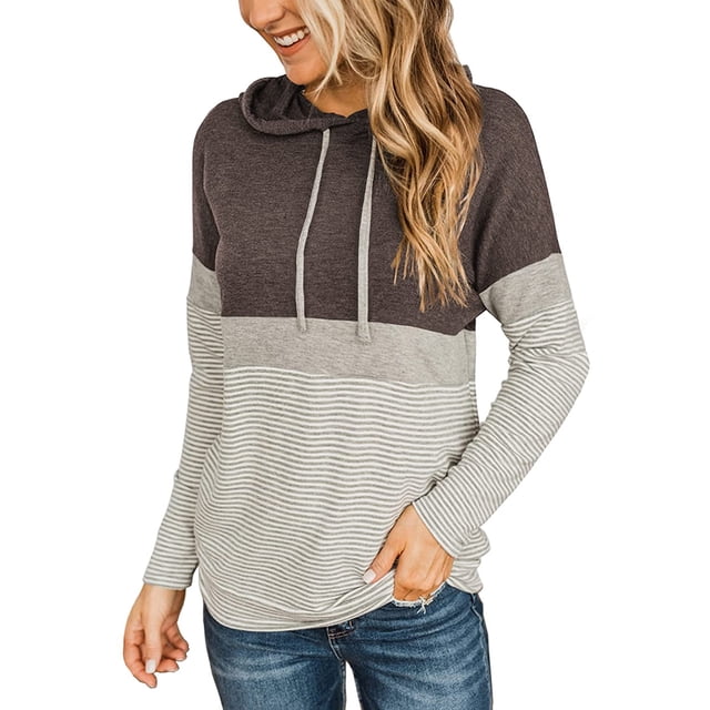 Women's Color Block Hoodies Fall Long Sleeve Sweatshirt Casual Drawstring Pullover Tops Striped Tunic Shirts
