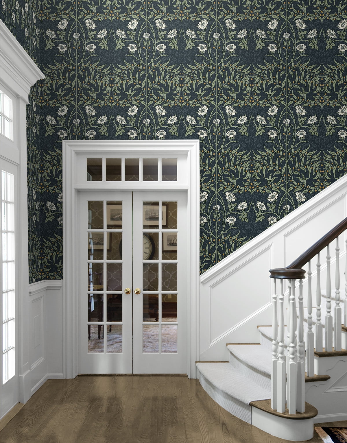 Seabrook Designs Navy & Sage Stenciled Floral Prepasted Wallpaper