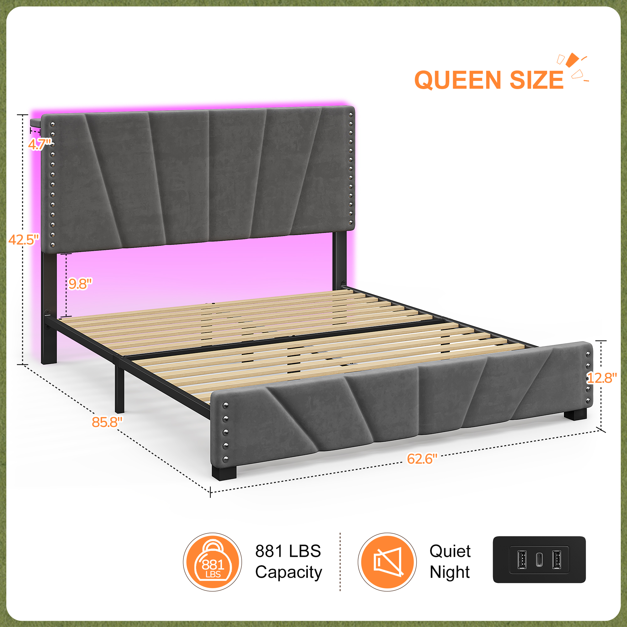 Romorgniz Queen Size Bed Frame with Underbed Storage Upholstered Bed Frame with Adjustable Headboard & LED Light & Charge Station ,Gray