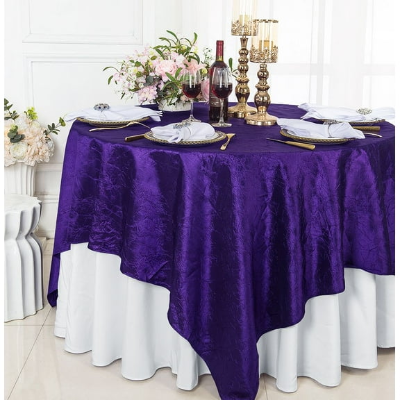 Wedding Linens Inc. 85" Square Crushed Crinkle Taffeta Table Overlay Toppers - Regency Purple