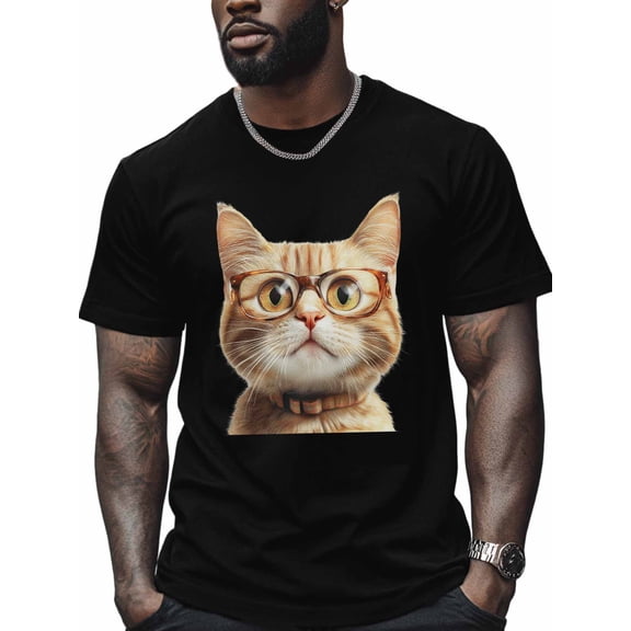 Cat in Glasses Men's T Shirts Cute Kitten T-Shirt for Men Crew Neck Tees Cotton Tops, Black, S