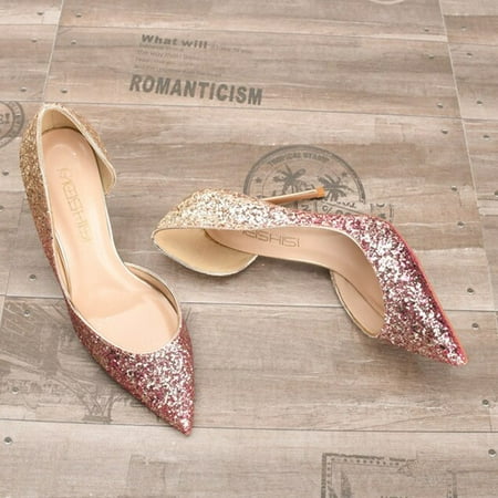 

YCNYCHCHY Big Size 34-46 Elegant Romantic Shiny Pumps Fashion Woman Sequin Stilettos High Heels Work Pointed Toe Wedding Shoes