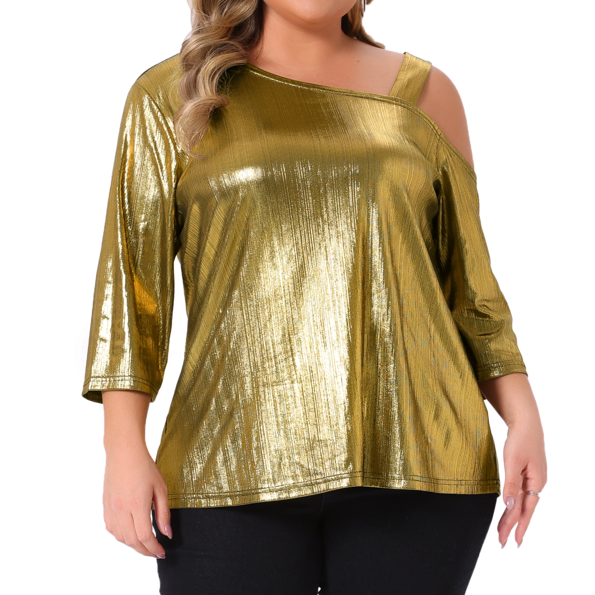 DARING DIVA  Women's Plus Metallic One Shoulder 3/4 Sleeve Shiny Blouse 3X Gold
