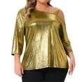 thumbnail image 2 of DARING DIVA  Women's Plus Metallic One Shoulder 3/4 Sleeve Shiny Blouse 1X Gold, 2 of 7