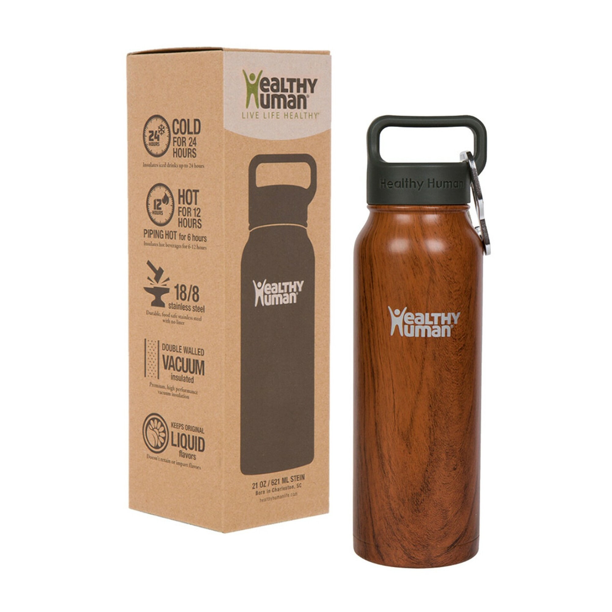Healthy Human Stainless Steel Water Bottle | Double Walled Vacuum Insulated Water Thermos for Adults | Eco-Friendly Travel Bottles with Leak Proof Lid (Harvest Maple, 21oz/ 621ML)