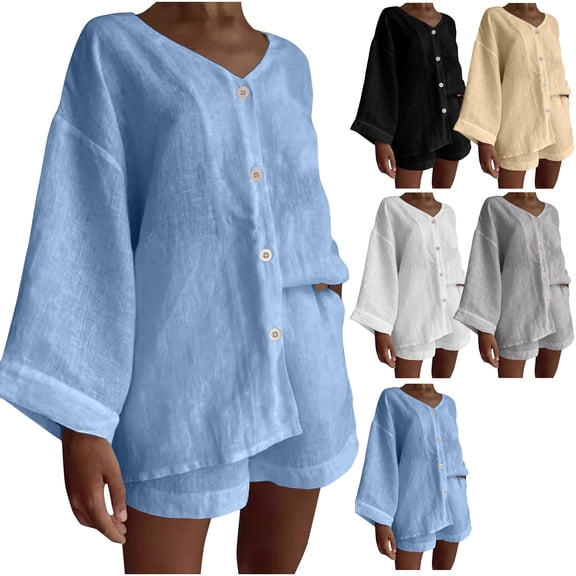 Zekutng 2 Piece Sets for Women Solid Color Cotton Linen Shirt Shorts Casual Set Short Sleeved V-Neck Top/Shirt Set,Sizes M-3XL